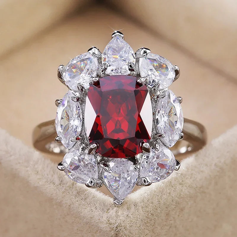 2025 New Elegant Red Corundum Ring with Extra Large Zircon Fashion Party Jewelry Flower Dove Egg Shining First