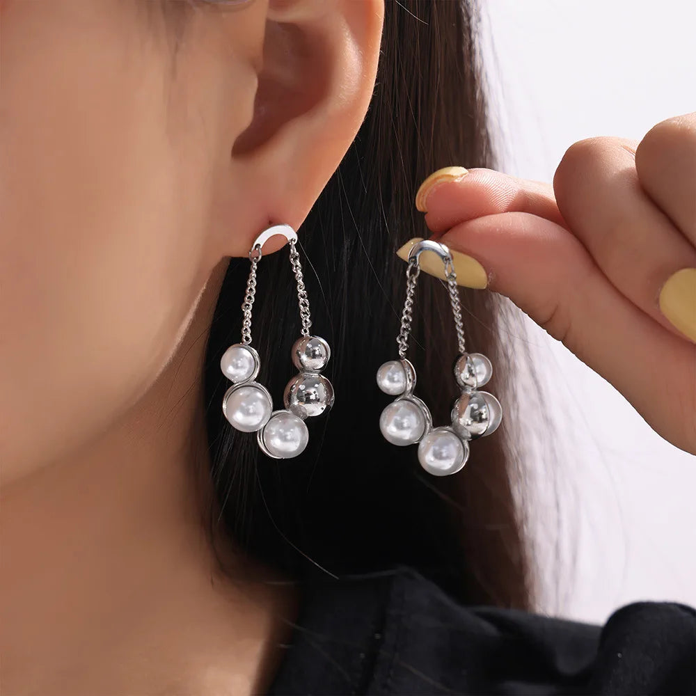 Gorgeous Round Earrings For Women Stainless Steel Vintage Pearl Pendant Gold Plated Waterproof Ear Stud Charm Jewelry Gift