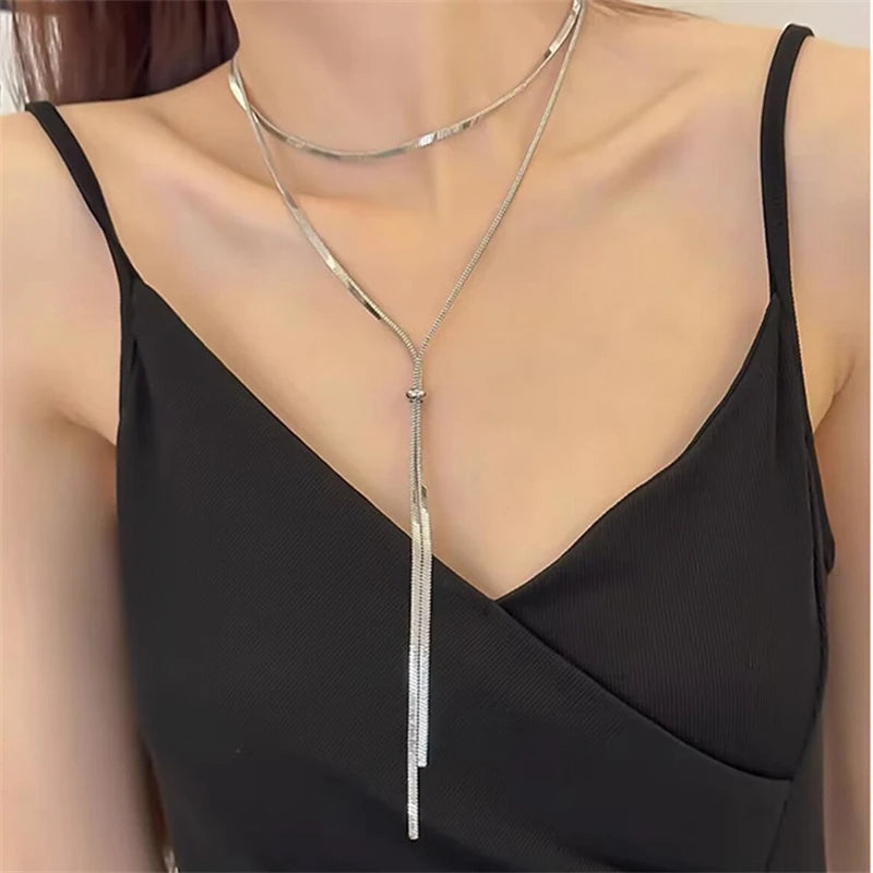 316L Stainless Steel New Fashion Fine Jewelry 134cm Pull Adjusting Charm Flat Snake Chain Choker Necklaces Pendants For Women