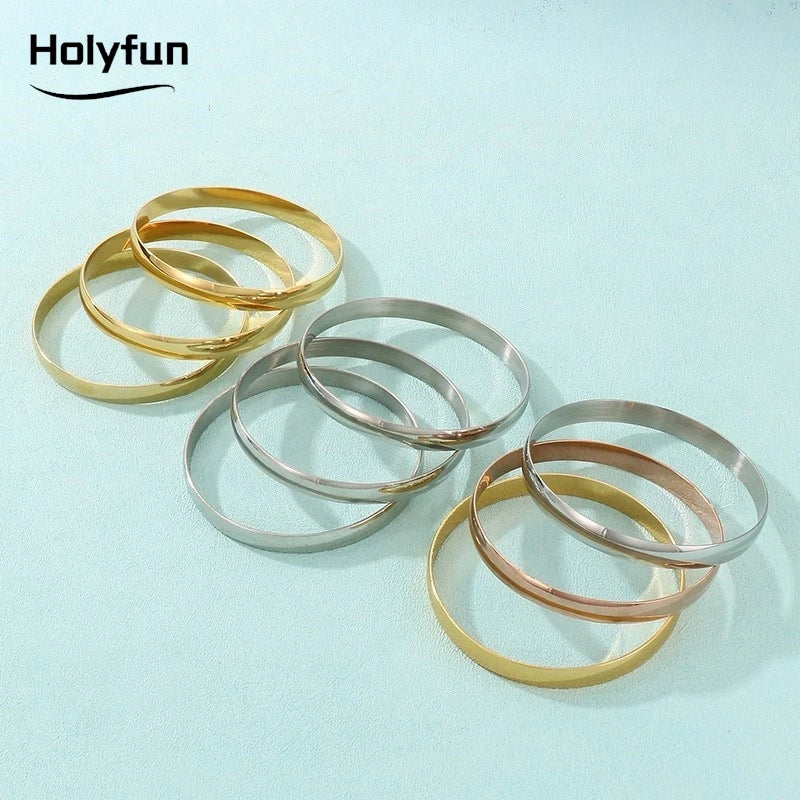 Holyfun 60mm Waterproof 316L Stainless Steel Round Smooth Bracelet Bangle Women Minimalist 18k Gold Color Texture Charm Jewelry