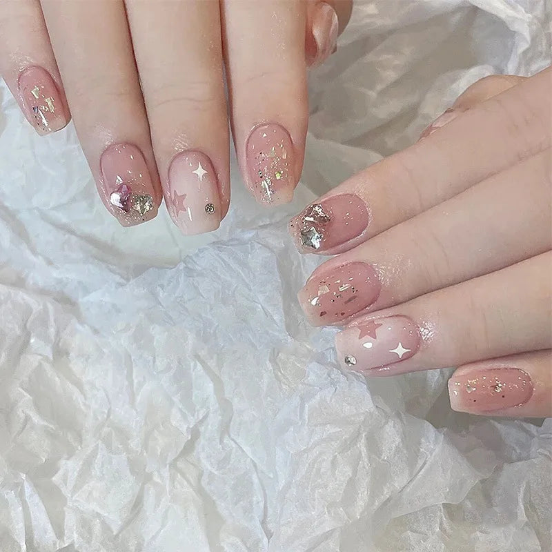 24Pcs Glitter Diamond Press On Nails Sweet Cute Girl Acrylic Nails Full Cover Short Square Fake Nails Wearable Manicure Nail Tip