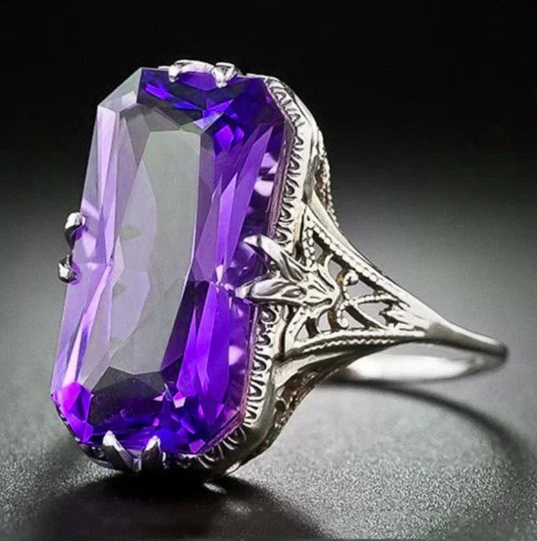 2025 New Purple Cubic Zirconia Ring with Sparkling Square Crystal, High End Women's Personalized Fashion Cocktail Party Jewelry