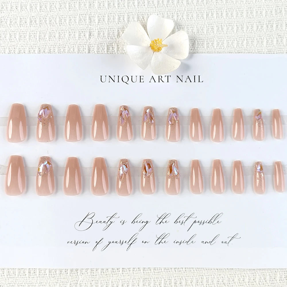 24 Pcs Short Coffin Press On Nails Pink White False Nails with Rhinestone Reusable Fake Nails With Jelly Tab