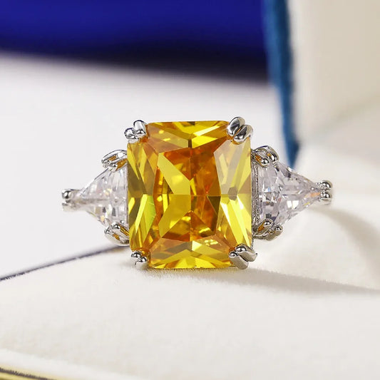 Huitan Geometric Shaped Yellow Cubic Zirconia Rings Silver Color Wedding Bands for Women Brilliant Accessories  Party Jewelry