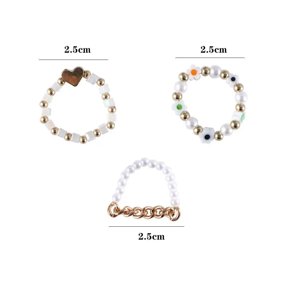 Trendy Cute Bohemia Pearl Flower Acrylic Beaded Rings Party Jewelry Finger Ring Set Women Ring