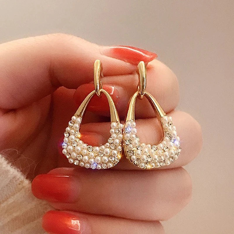 Drop Earrings for Women White Flower Heart Crystal Bow Round Circle Long Pearl Dangle Earrings Geometry Statement Jewelry Gift