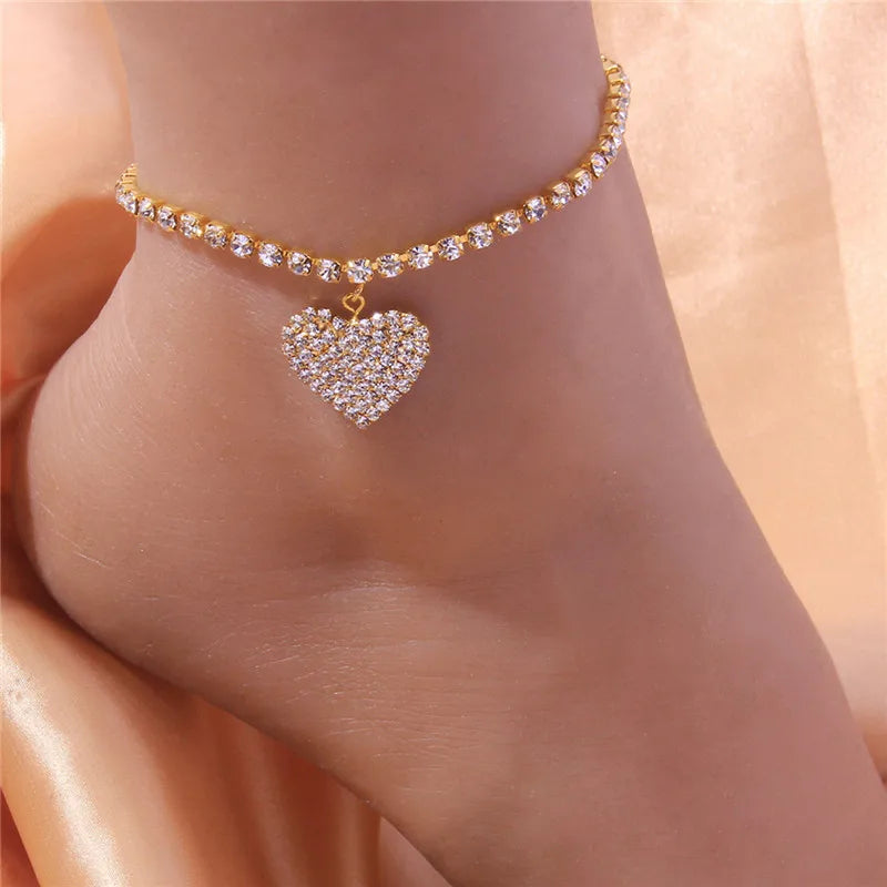 Huitan Rhinestone Chain Women's Anklets Silver Color/Gold Color Luxury Bracelet on Leg Accessories Wedding Party Fashion Jewelry