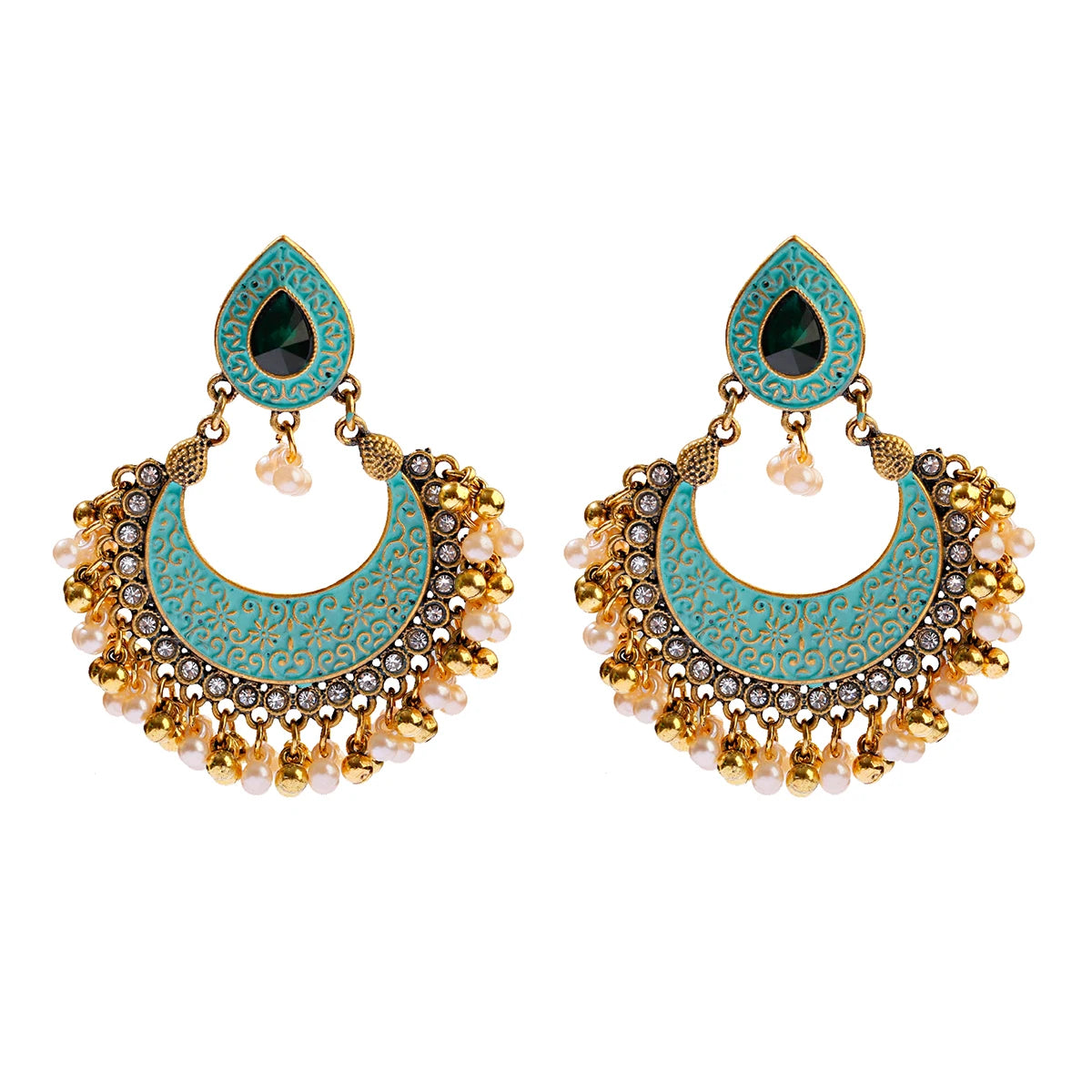 Ethnic Retro Green Sector Carved Turkish Jhumka Earrings For Women Indian Jewelry Pearl Tassel Earrings