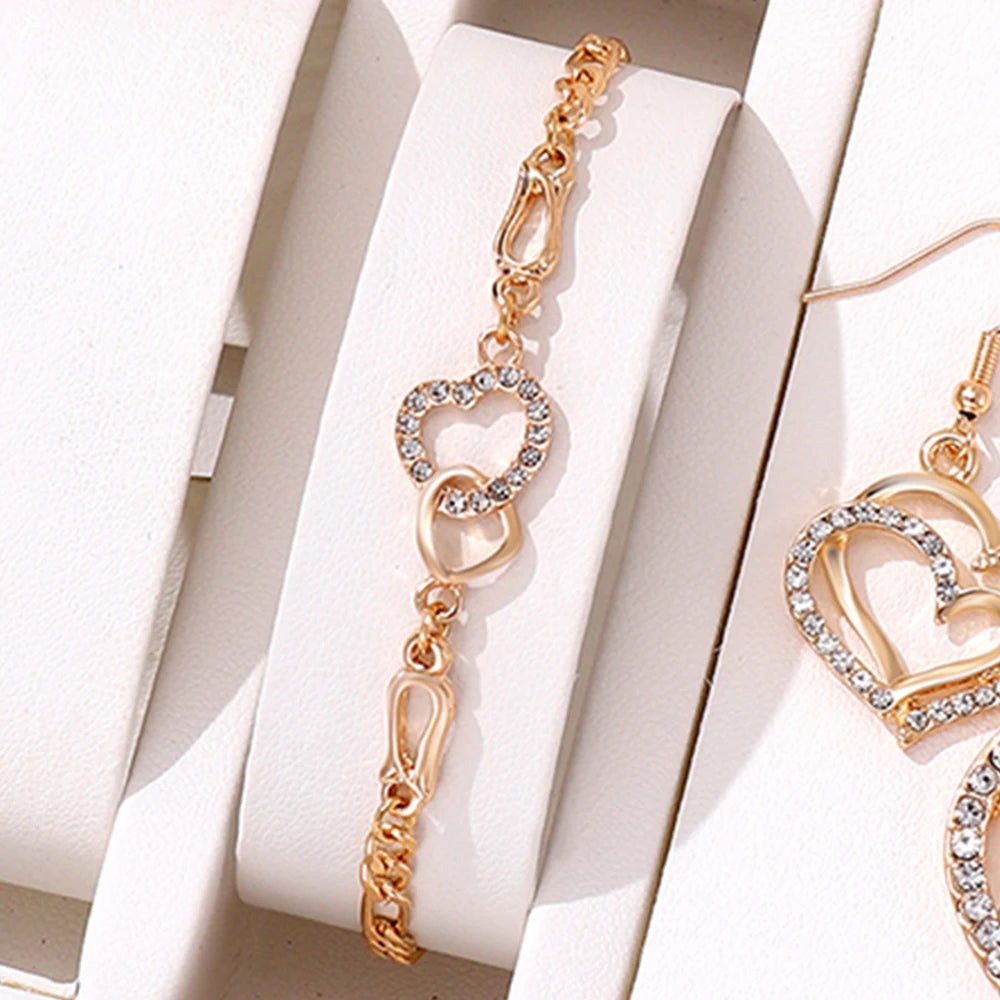 4-piece Women Jewelry Set Creative Double Heart Diamond Necklace Necklace Necklace With High-end Feel Earrings Bracelet Jewelry