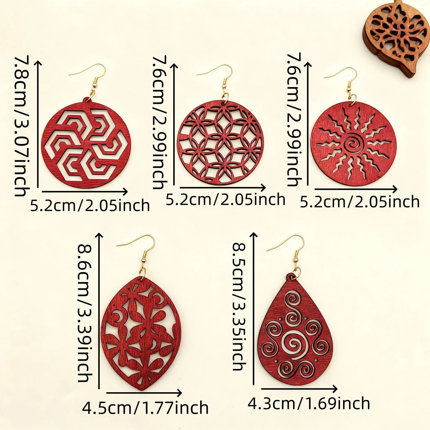 5 Pairs of Trendy, Retro Red Wood Hollowed-Out Earrings, Perfect for Daily Outings, Festival Parties, and Dates
