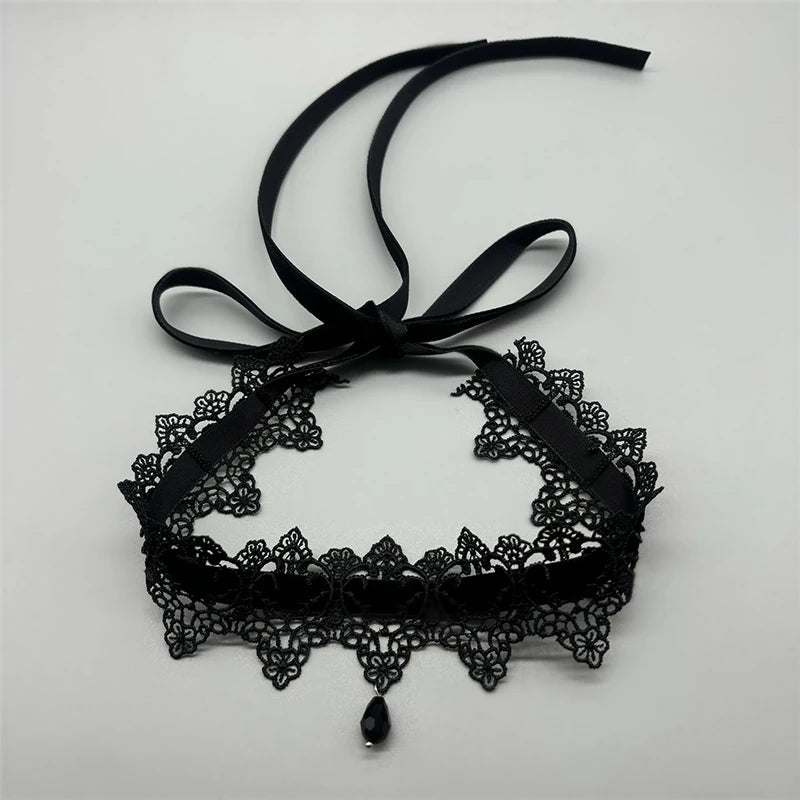 2025 New Sexy Lace Flower Necklace for Women Gothic Punk Velvet Collar Choker Black Waterdrop Pendent Necklace Strap Bow Jewelry