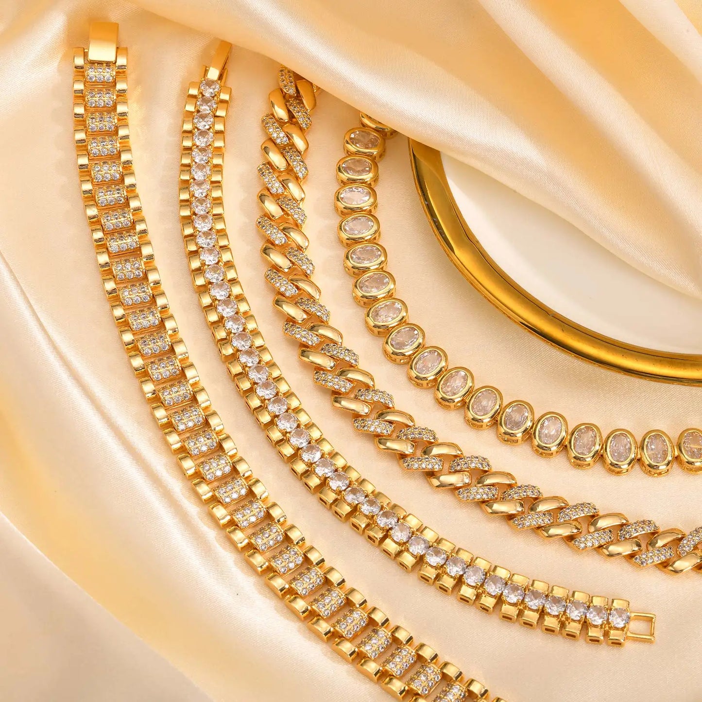 Paperclip Chain Bracelet 14K Gold Plated Cubic Zirconia Watch Strap Chunky Link Adjustable Stackable Jewelry For Women Girl Gift