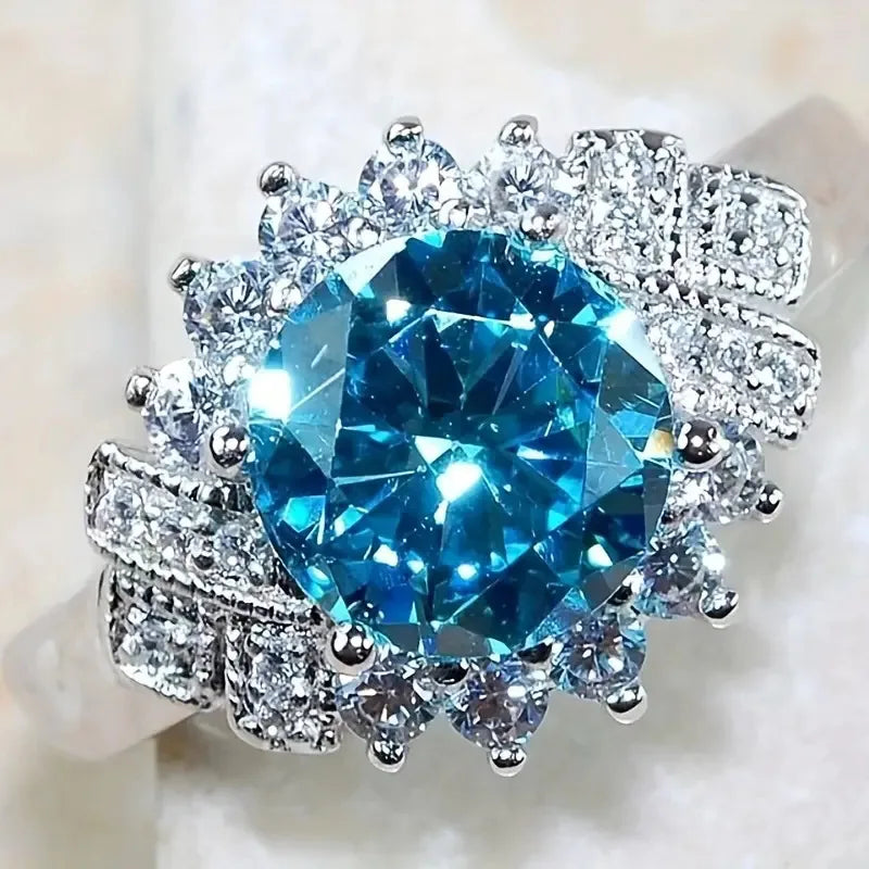2025 New Fashion Sea Blue Cubic Zirconia Women's Wedding Ring Luxury Engagement Party Elegant   Brilliant Jewelry