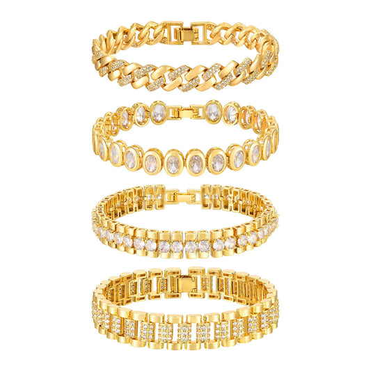 Paperclip Chain Bracelet 14K Gold Plated Cubic Zirconia Watch Strap Chunky Link Adjustable Stackable Jewelry For Women Girl Gift