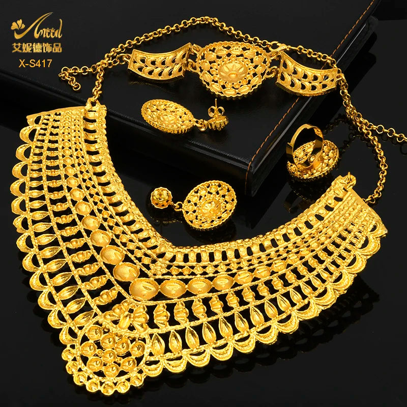 ANIID Luxury Indian Jewelry Sets for Women Party Dubai 24K Gold Color Necklace Set African Wedding Traditional Jewelry Gifts
