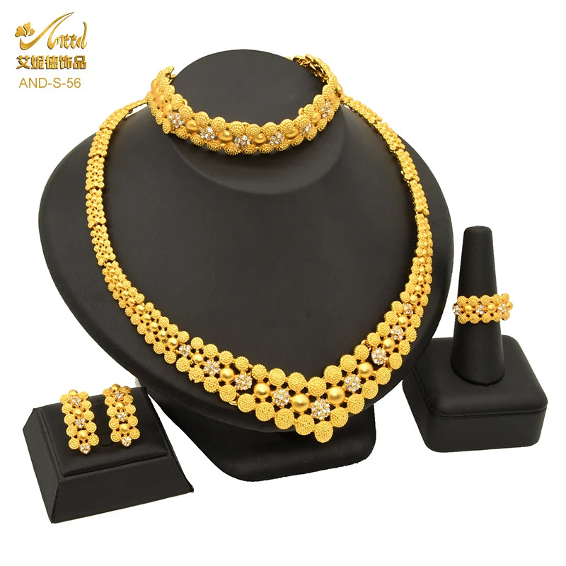 ANIID Luxury Indian Jewelry Sets for Women Party Dubai 24K Gold Color Necklace Set African Wedding Traditional Jewelry Gifts
