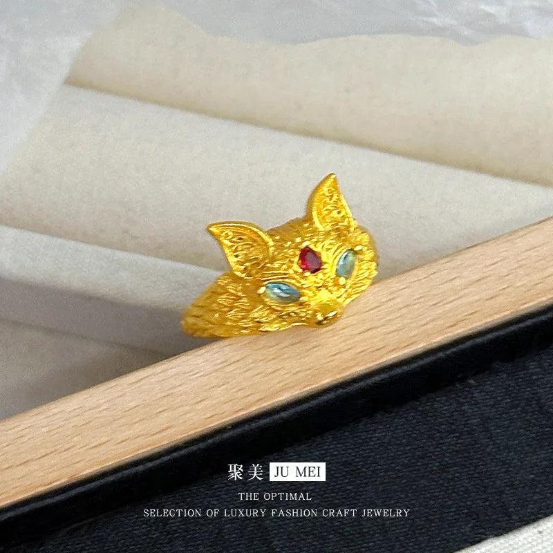 Luxury 24K 9999 Pure Gold real gold Fox Ring Adjustable Women's Ring