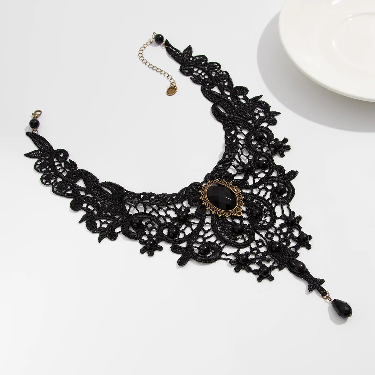 Fashion New Vintage Gem Black Lace Bead Necklace Gothic Steampunk Style Stonego Gothic Collar Necklace Pendant