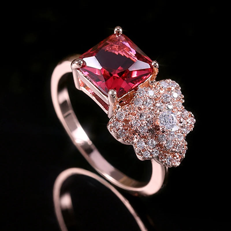 2025 New Elegant Red Corundum Ring with Extra Large Zircon Fashion Party Jewelry Flower Dove Egg Shining First