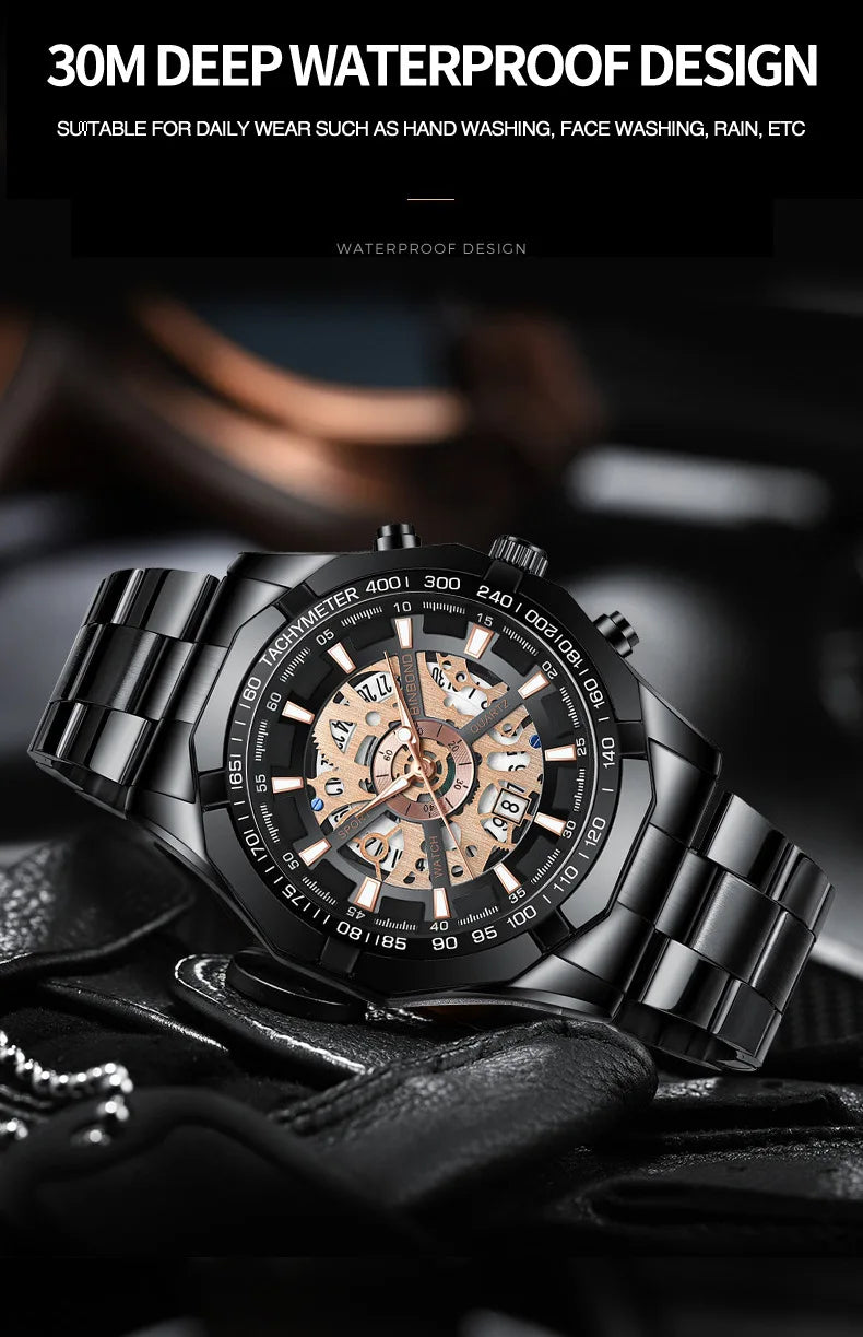 2025 Mens Quartz Watches Top Brand Luxury Stainless Steel Waterproof Hollow Out Blue Big Male Wristwatches Relogio Masculino