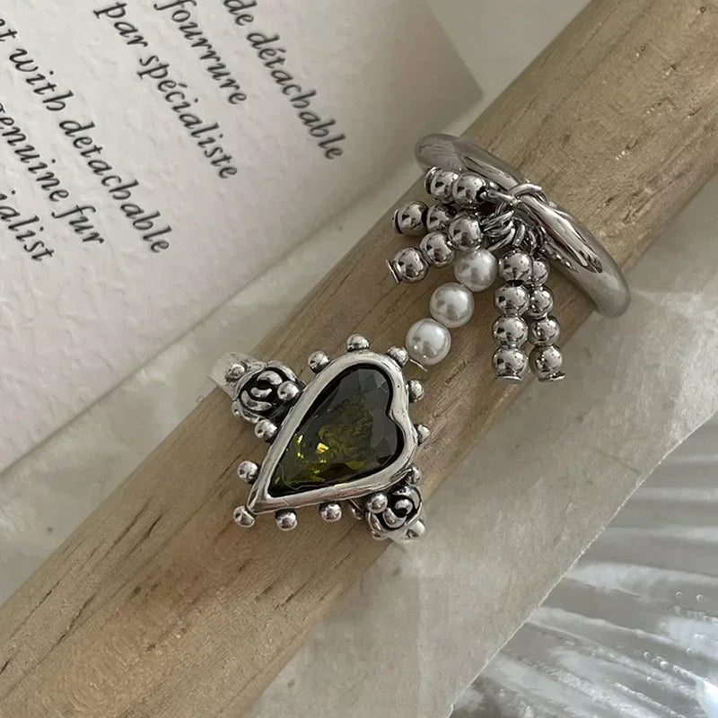 High End Vintage Punk Green Zircons Party Rings for Women Couples New Fashion Creative Tassel Geometric Handmade Party Jewelry
