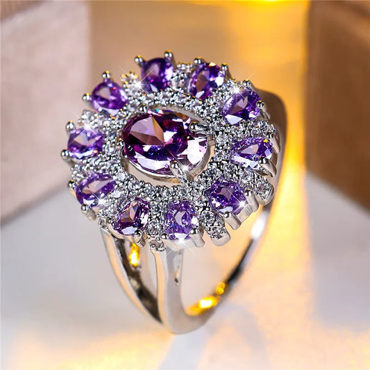 Charm Female Oval Purple Zircon Stone Engagement Big Flower Cocktail Ring Silver Color Wedding Jewelry For Women
