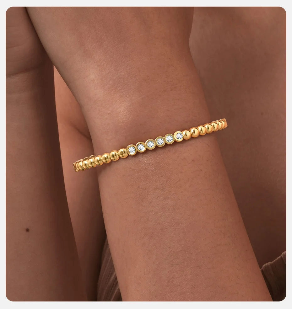 Vnox Romantic Zircon Cuff Bracelet For Women Geometric Fashion Lady Jewelry Stainless Steel Bangles Party Gold Color Never Fade