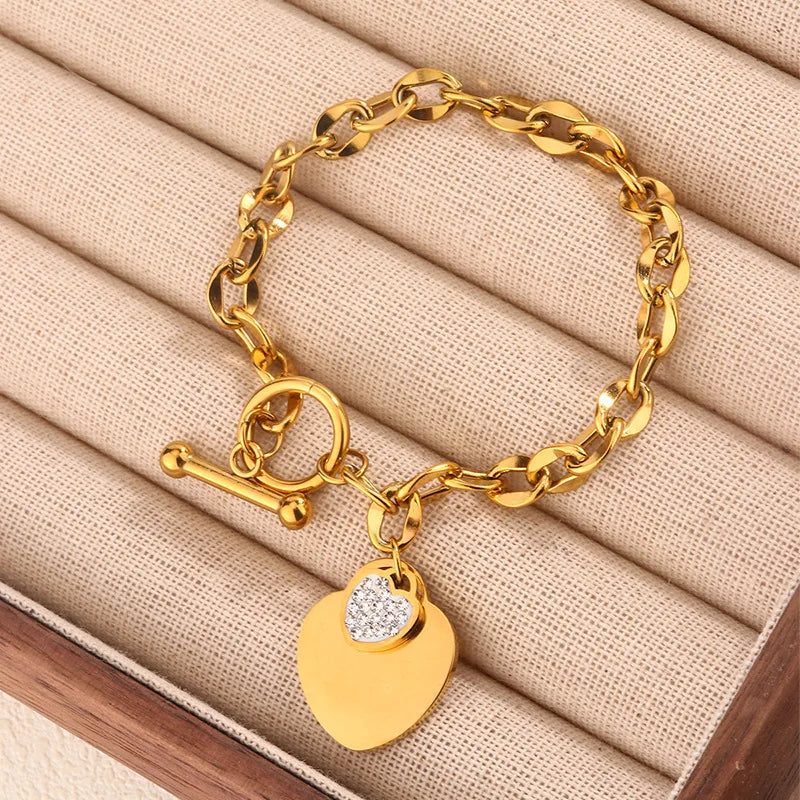 1 Pcs Bangle For Women Girl Not Fade Stainless Steel Gold Plated Waterproof Geometric Heart Pendant Bracelet Jewelry
