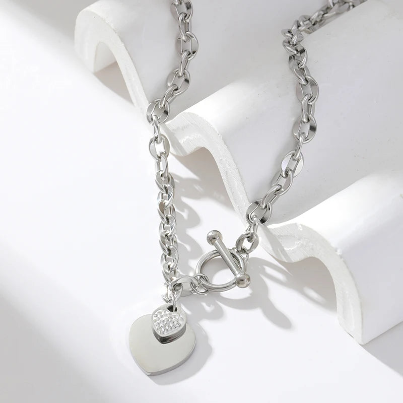 EILIECK New Fashion Stainless Steel Metal Double Heart Necklace Bracelet For Women Fashion Waterproof 3-Color Jewelry Set Gift