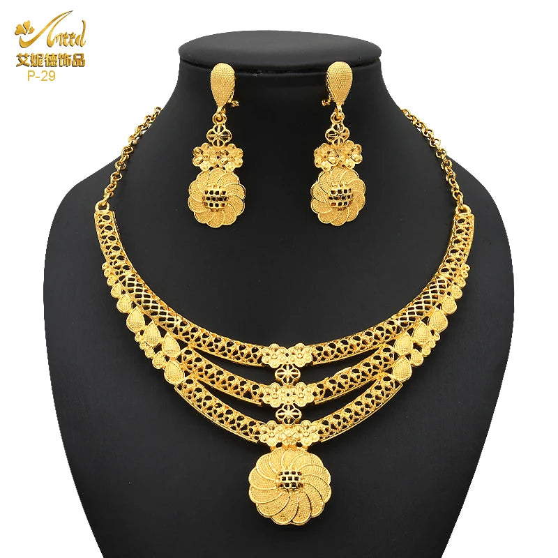 ANIID Luxury Indian Jewelry Sets for Women Party Dubai 24K Gold Color Necklace Set African Wedding Traditional Jewelry Gifts