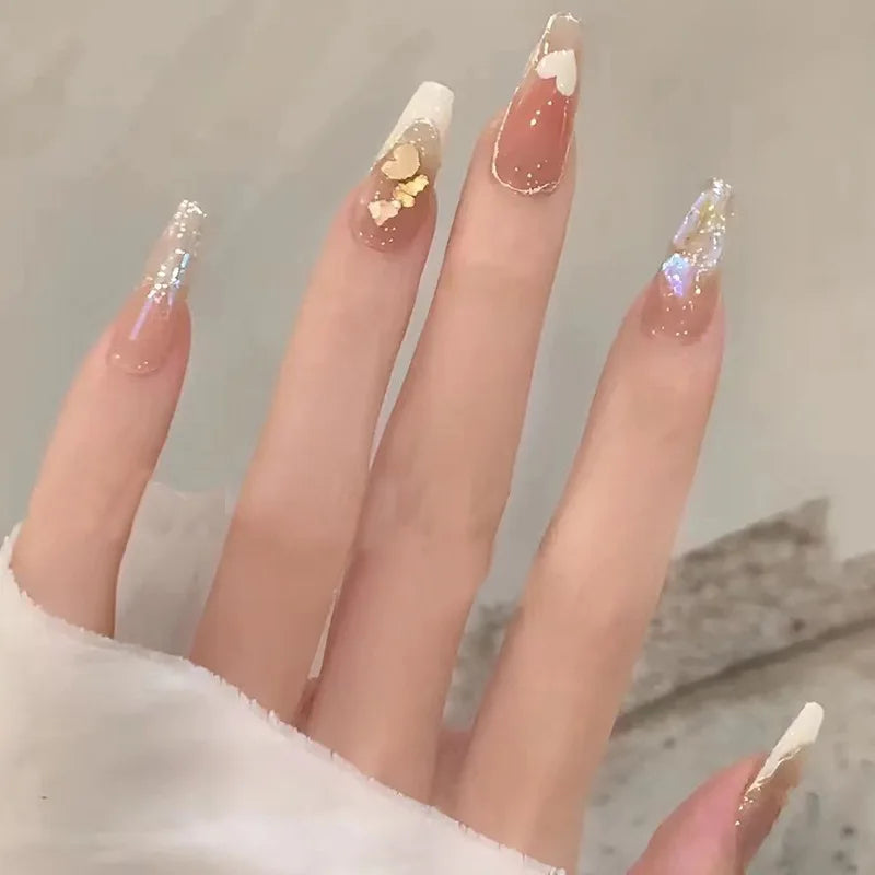 24Pcs Glitter Diamond Press On Nails Sweet Cute Girl Acrylic Nails Full Cover Short Square Fake Nails Wearable Manicure Nail Tip