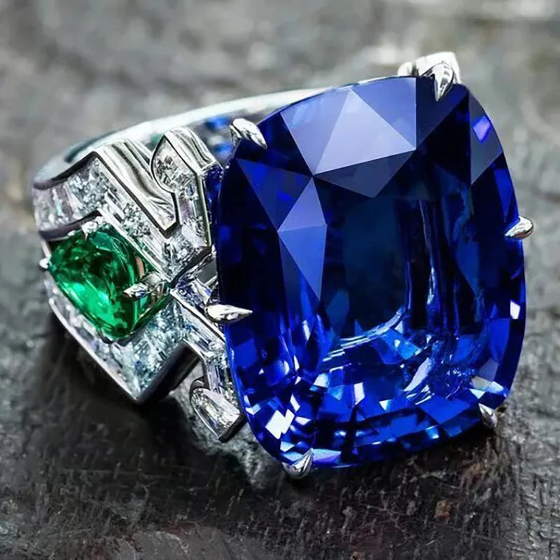 2025 New Blue Cube Zircon Attends Banquet Ring Fashionable, Elegant, High End Women's Bridal Luxury Inlaid Jewelry Accessories
