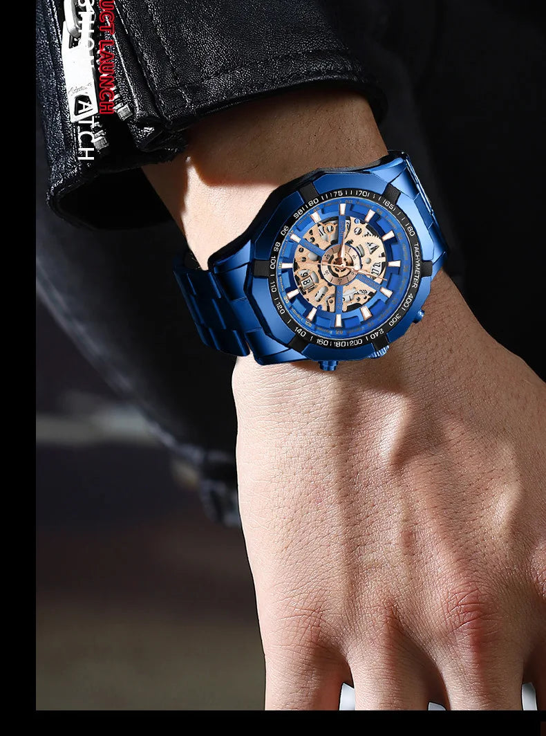 2025 Mens Quartz Watches Top Brand Luxury Stainless Steel Waterproof Hollow Out Blue Big Male Wristwatches Relogio Masculino