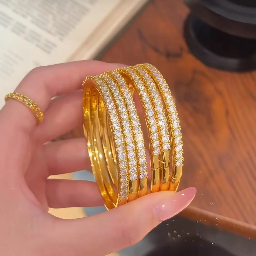 Light luxury fashion 24K real gold half-circle diamond snap bracelet au9999 gold stacked women's jewelry