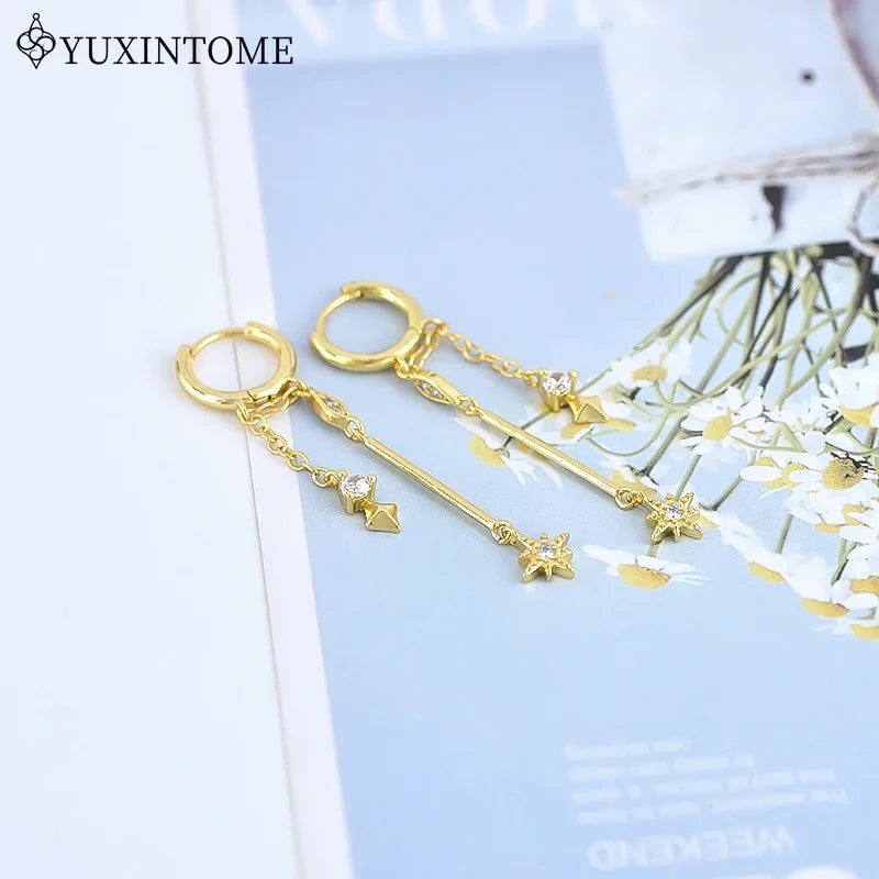 925 Sterling Silver Neddle Multi-pendant micro-embedded Chain Star Pendant Hoop Earrings For Women Fashion Party Jewelry Gifts