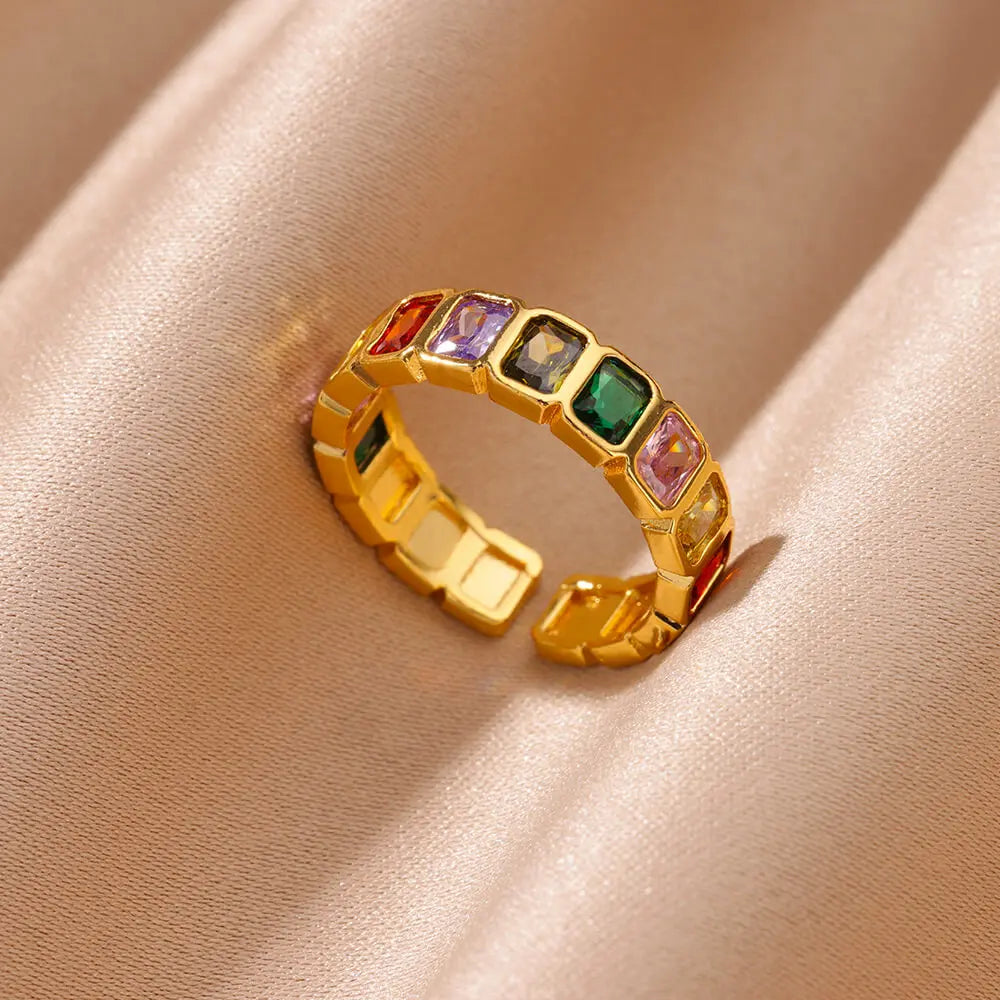 Colorful Cubic Zircon Open Ring For Women Stainless Steel Gold Color Square Rings Bohemian Romantic couple Jewelry Gifts