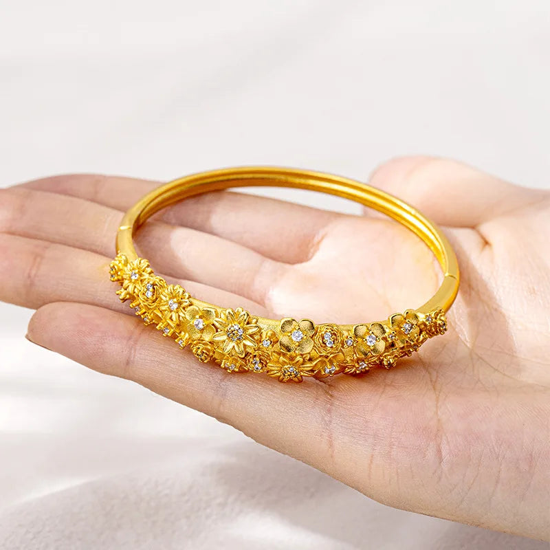 Luxury 24K 9999 Pure Gold real gold Flower Bracelet Women's Ethnic Style Bracelet
